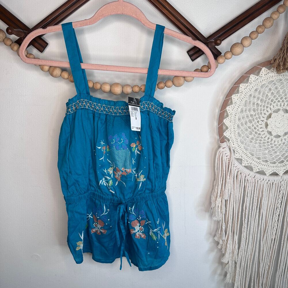 Vintage Deadstock Y2K RUE21 Blue Embroidered Smocked Tank